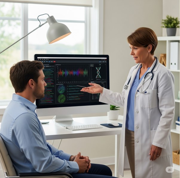 Decoding the Future of Healthcare: Precision Medicine and the Omics Technology 10 healthcare professional discussing personalized treatment options with a patient, informed by omics data